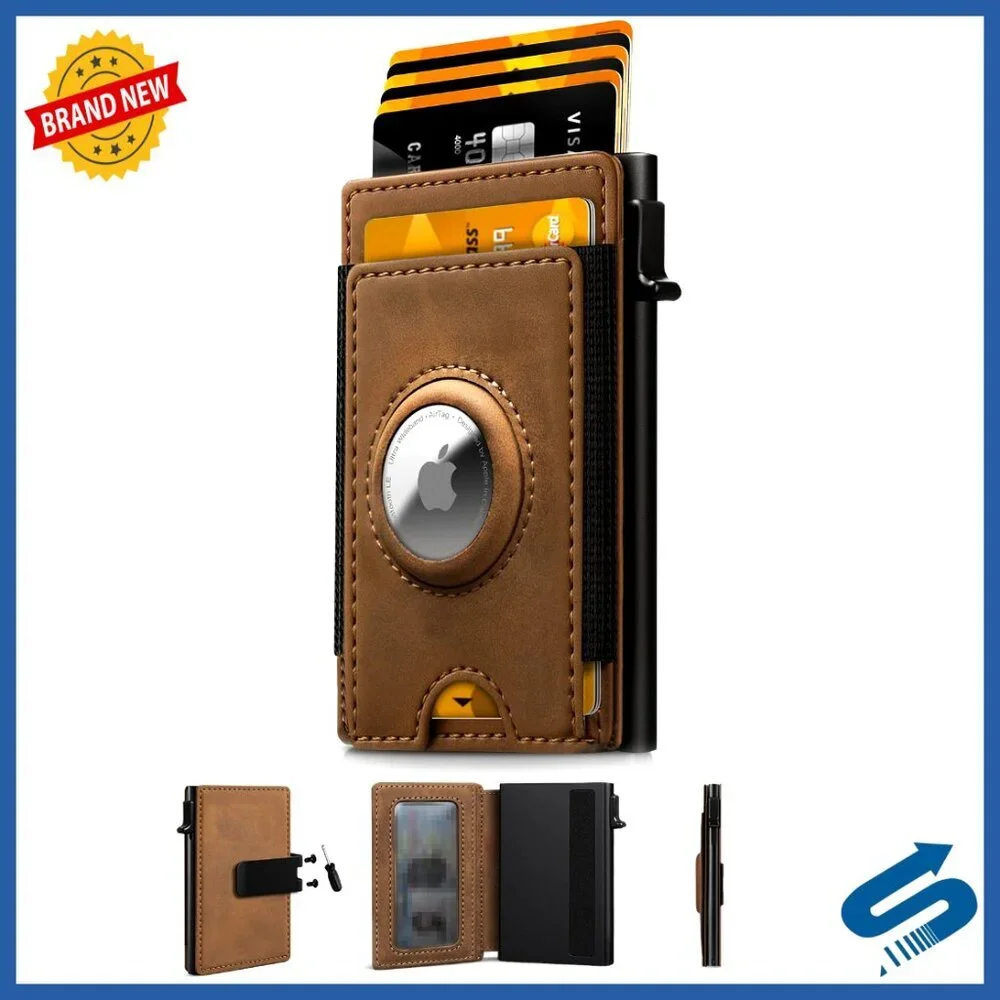 Slim Leather RFID Wallet with AirTag Holder Money Clip for Men
